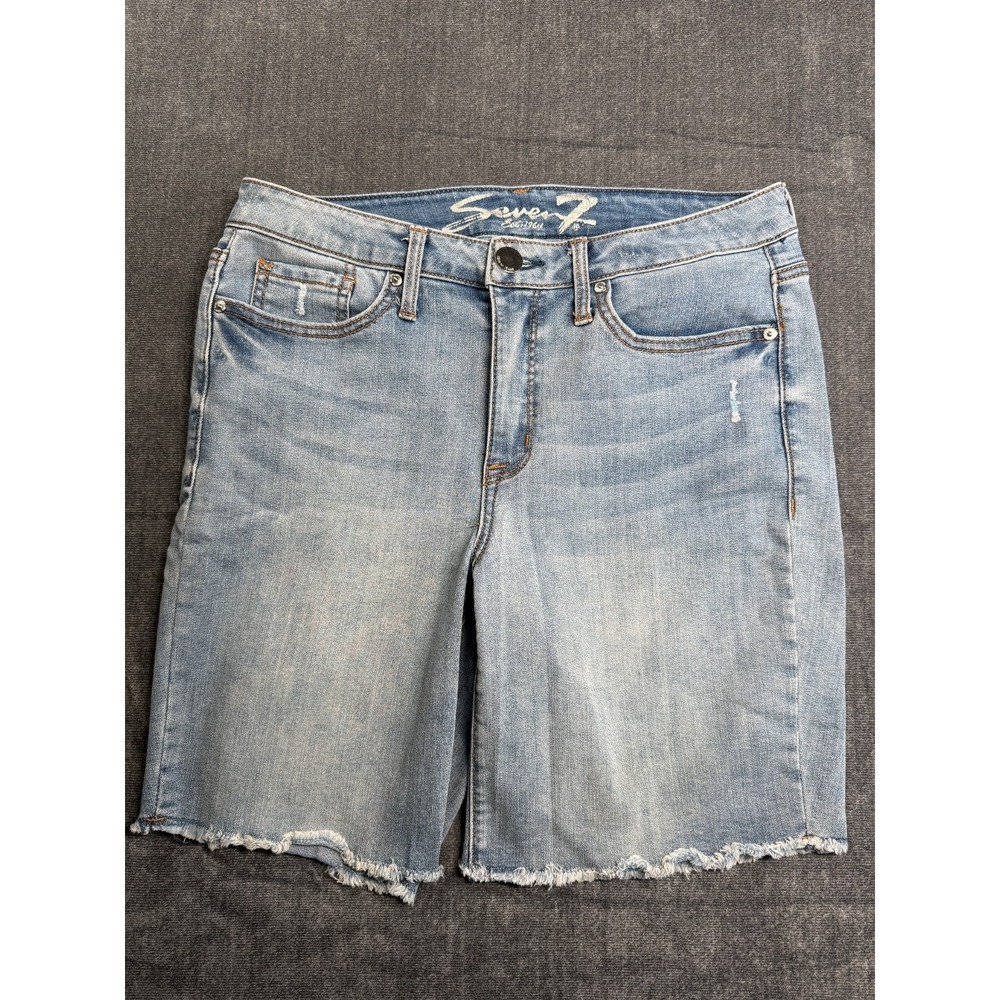 Seven7 Sunset Bermuda Shorts Women 10 Blue Denim Cotton Stretch Mid Rise Raw Hem